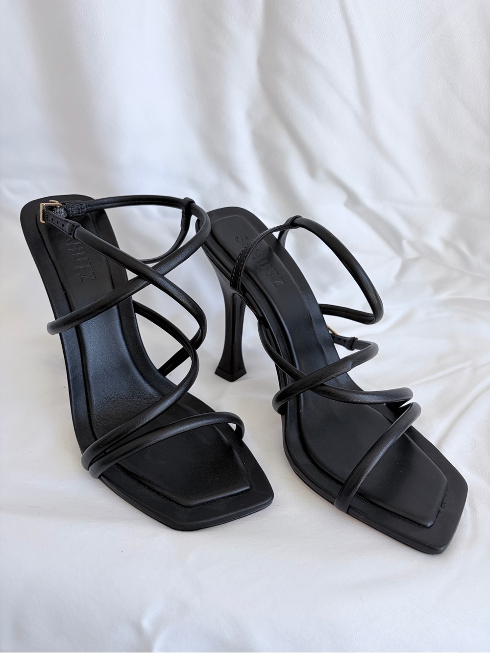 SCHUTZ Black Strappy Square-Toe Heeled Sandals with Gold Buckle - Picture 2 of 4